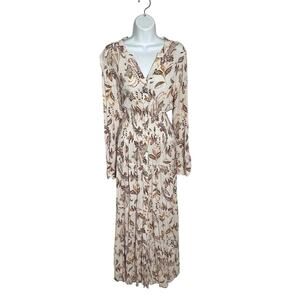 Figueroa & Flower Midi Dress XL Tiered Roll Tab Sleeve Smocked Floral Cream
